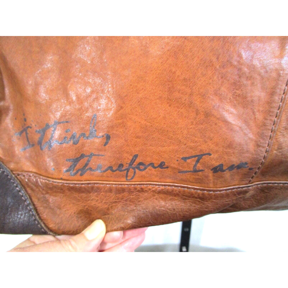 Tough Jeansmith I Think Therefor I Am Large Brown Leather Shoulder Satchel Purse - Picture 3 of 13